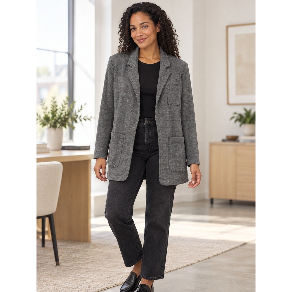 Madewell Grey Glen Plaid Open Front Blazer Jacket XXS Relaxed Knit Cardigan